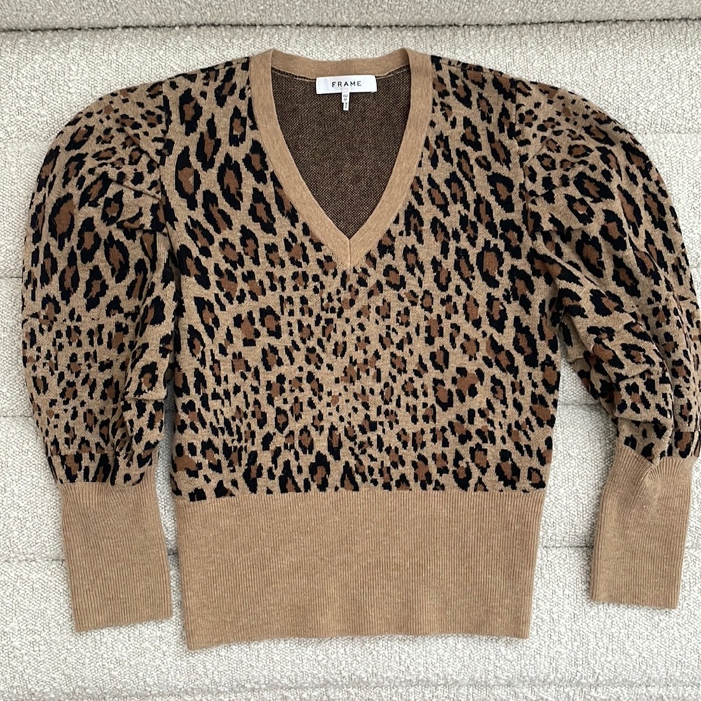 Frame Puff Sleeve V Neck Sweater XS Leopard